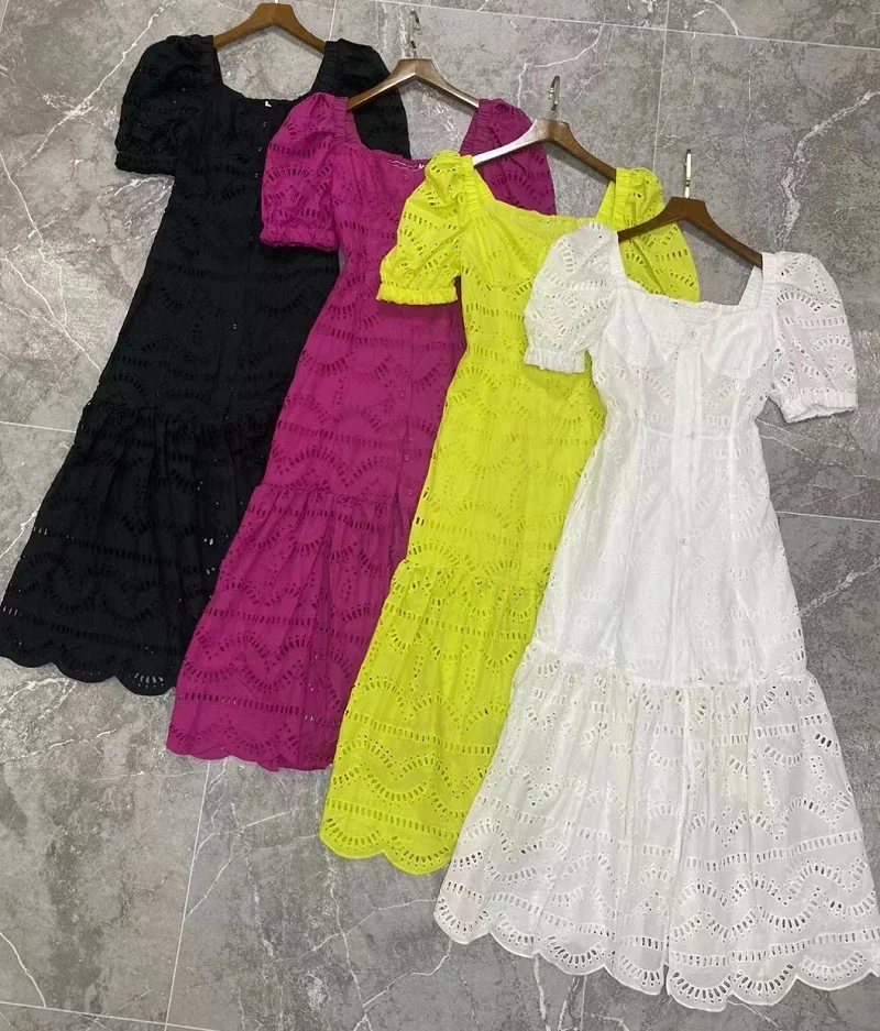 New 2024 Summer Long Dress High Quality Women Sexy Square Collar Allover Hollow Out Embroidery Short Sleeve White Yellow Dress