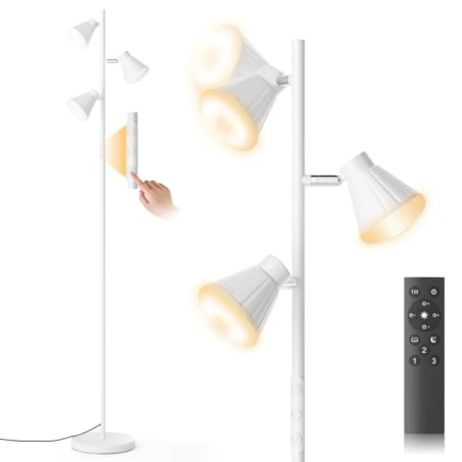 36W LED Tree Floor Lamp, Dimmable Tall Standing Lamp with Remote and Touch Control, 4 Color Temperatures Bright Floor Lamp, 3 R
