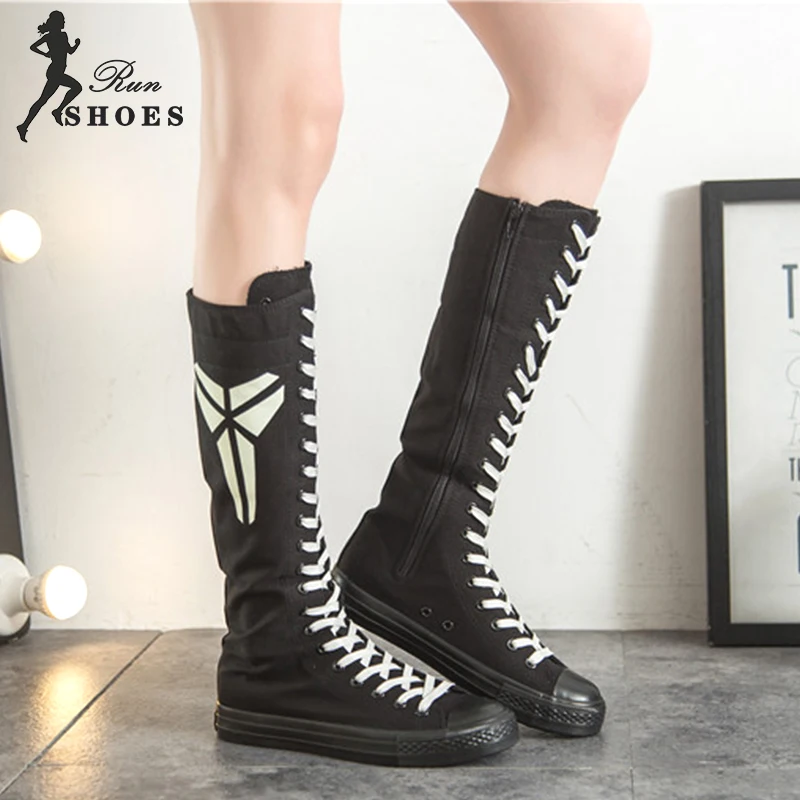 Women Knee-High Long Equestrian Boots Slim Cross-tied Luminous Fluorescent Canvas Punk Round Toe Ladies Cheerleaders Dance Shoes