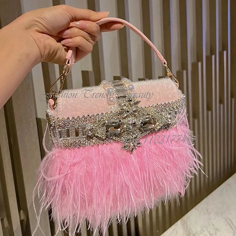 

Pink Feather Long Hair Tassel Crystal Belt Handbag Women Party Blue Diamond Open Zipper Bag Fringe Bling Girls Lace Mini Totes