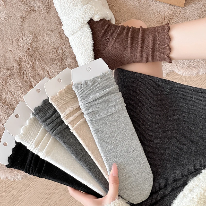 Socken für Damen Lang Neu Einfarbig Bubble-Spitze Damen Locker Sitzende Socken Atmungsaktiv Weich Einfarbig Schlicht Süße Crew-Socken Wolle Warm