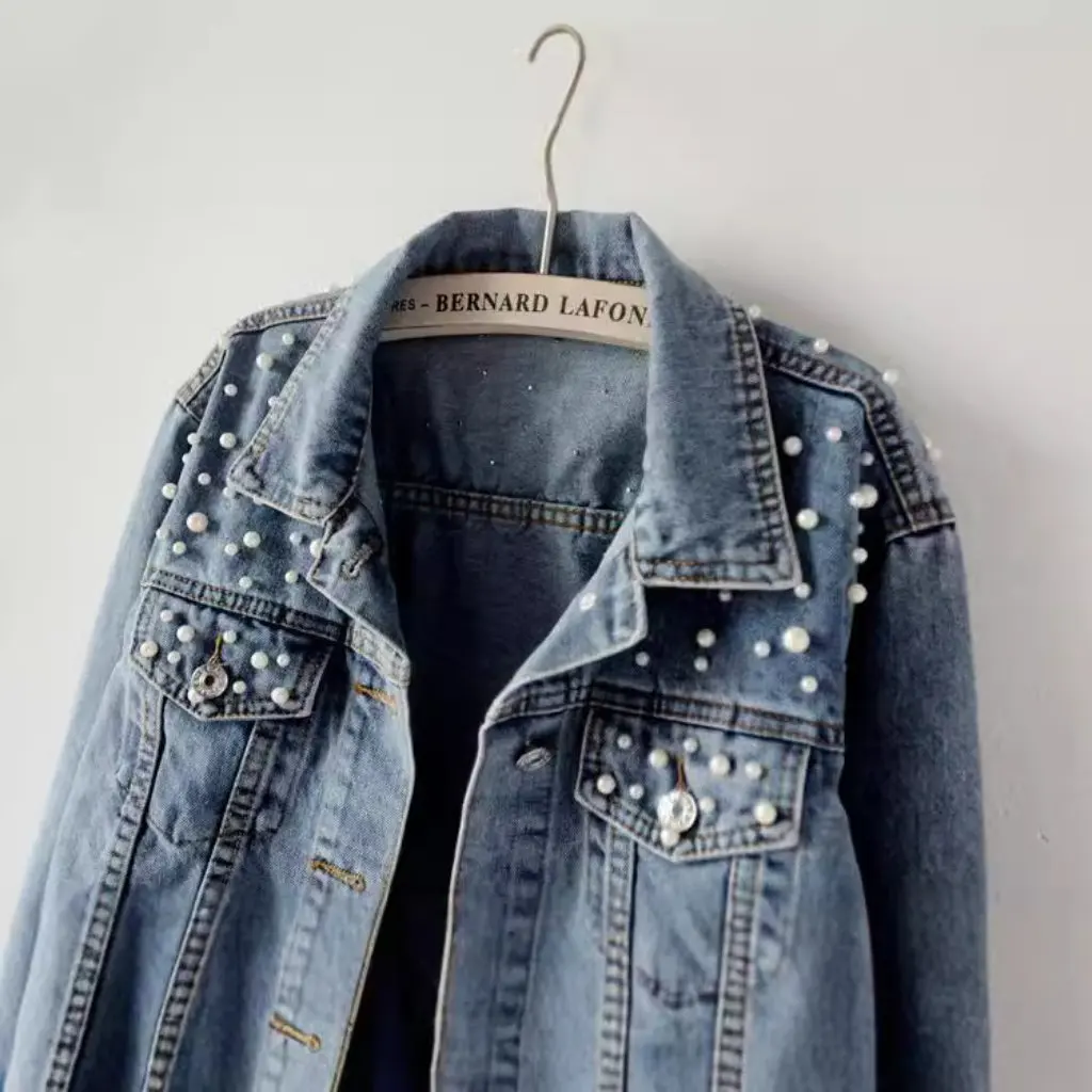 

Джинсовое пальто Garjun больших размеров для женщин, расшитое бисером и бриллиантами, свободная куртка, студентка, верхняя одежда в европейском стиле