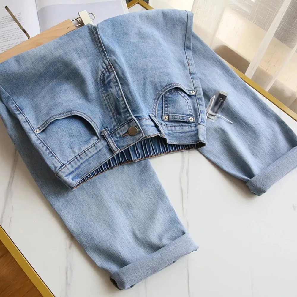 DAILOU S-5XL Women Jeans Spring Autumn Elastic Waist Light Blue Loose Denim Pants 2024 New Harem Pants Female Casual Trousers