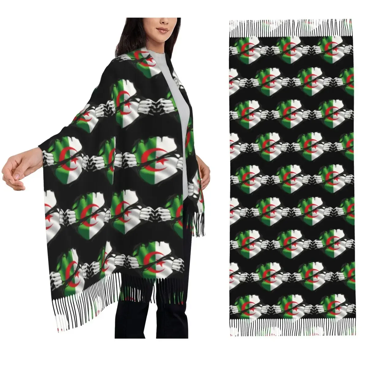 

Алжирский чистый кровь с флагом, черный шарф, шарфы с кисточками, женские мягкие теплые шали и накидки, длинная осенне-зимняя шаль