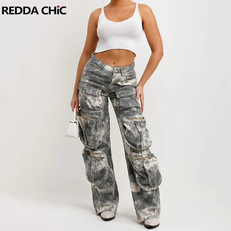 ReddaChic 90s Retro Gray Tie Dye Cargo Jeans Women Big Pockets Skater Oversized Pants Casual Wide Leg Camouflage Y2k Streetwear