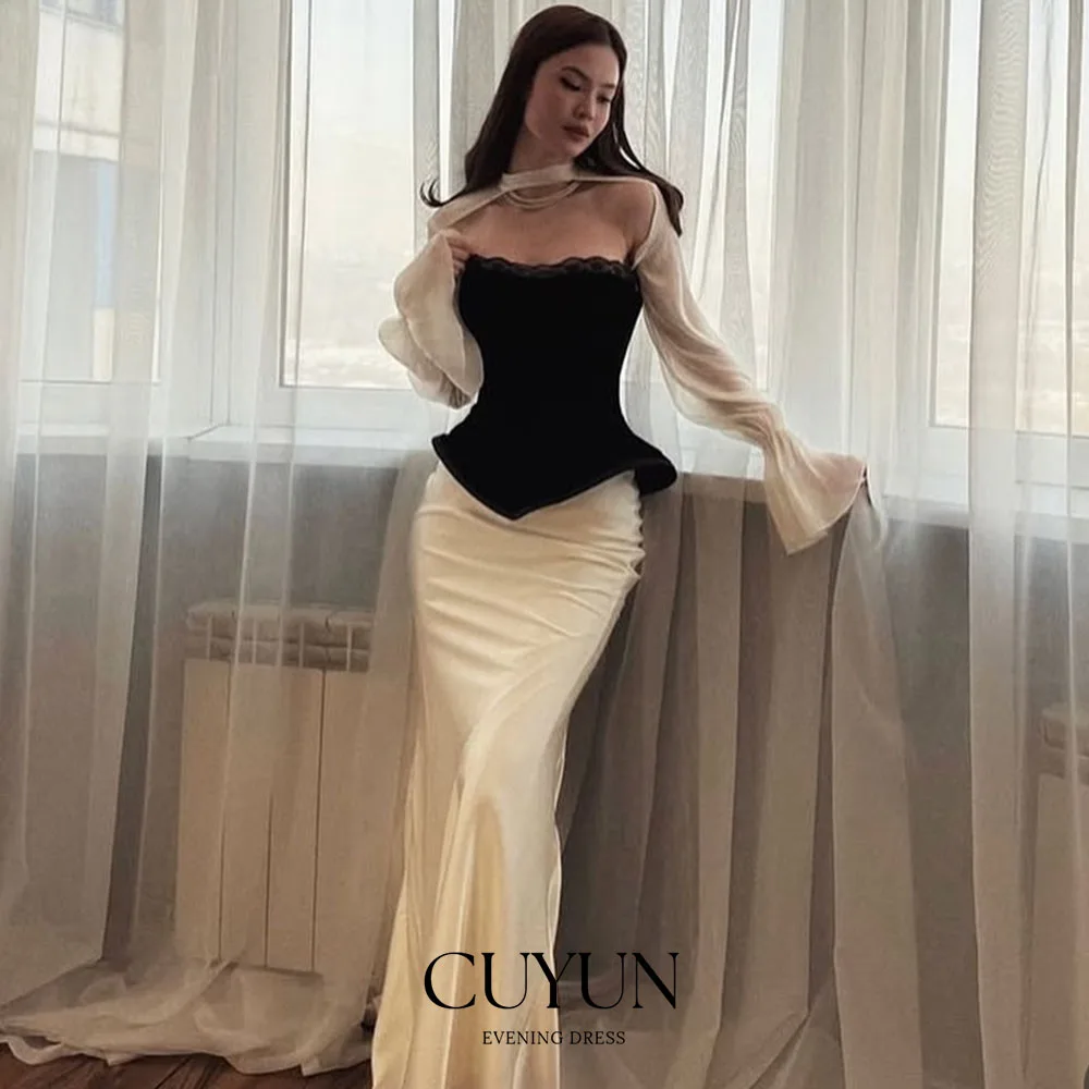 

CUYUN Elegant Women Evening Gown Customized Long Sleeves Chic Prom Gown Customized Patchwork Women Birthday Party Dresses