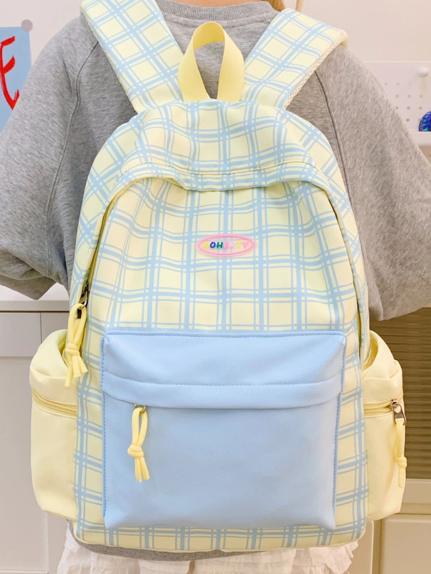 超軽量子供用バックパック女の子年生から3年生用ミルクイエローチェック柄ダブルショルダーバッグ小学生軽量バックパック