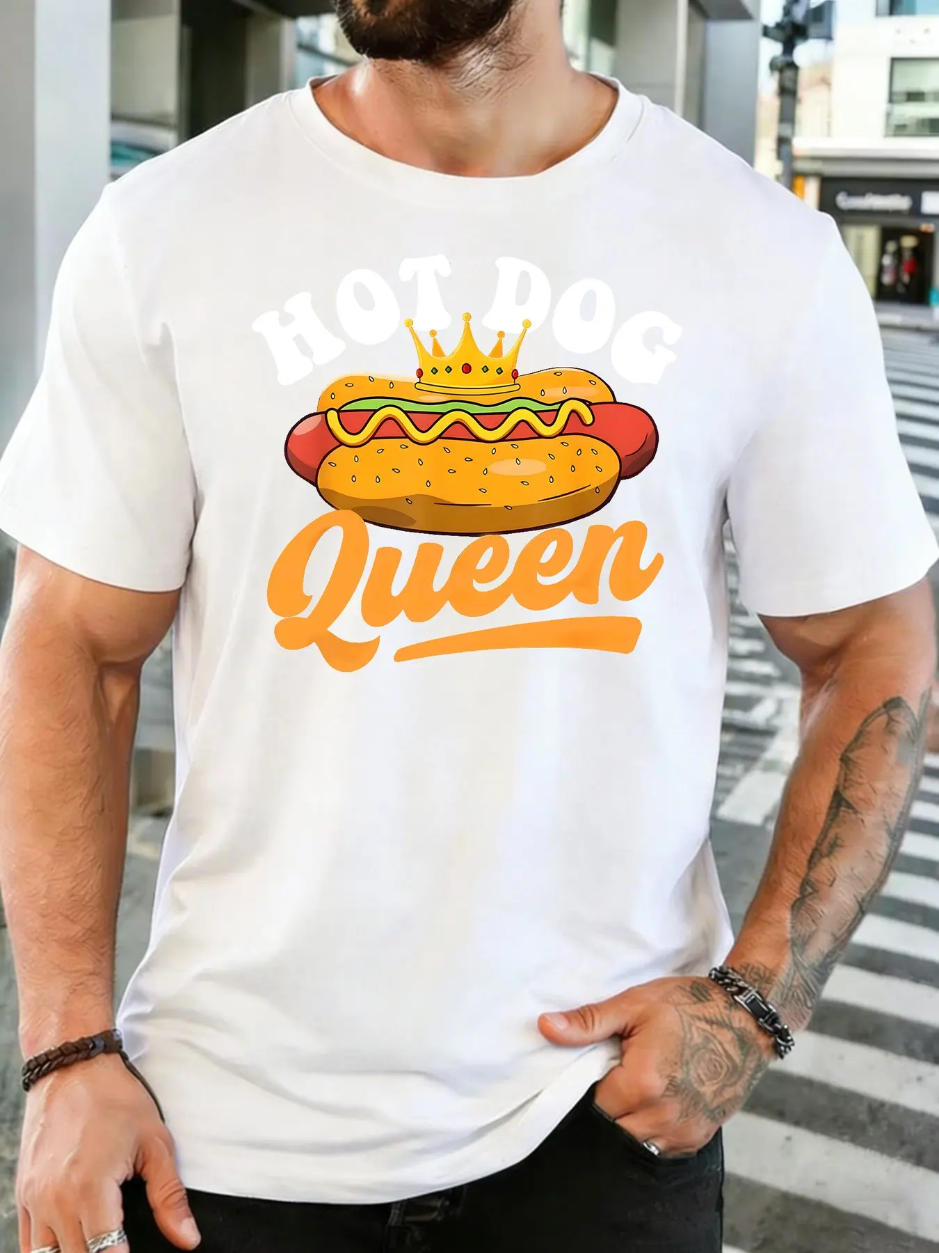 Male Black Round Neck T Shirt Crown Hot Dog With Mustard Print Hot Dog Queen Slogan Funny Retro Fast Food Daily Cotton Tee