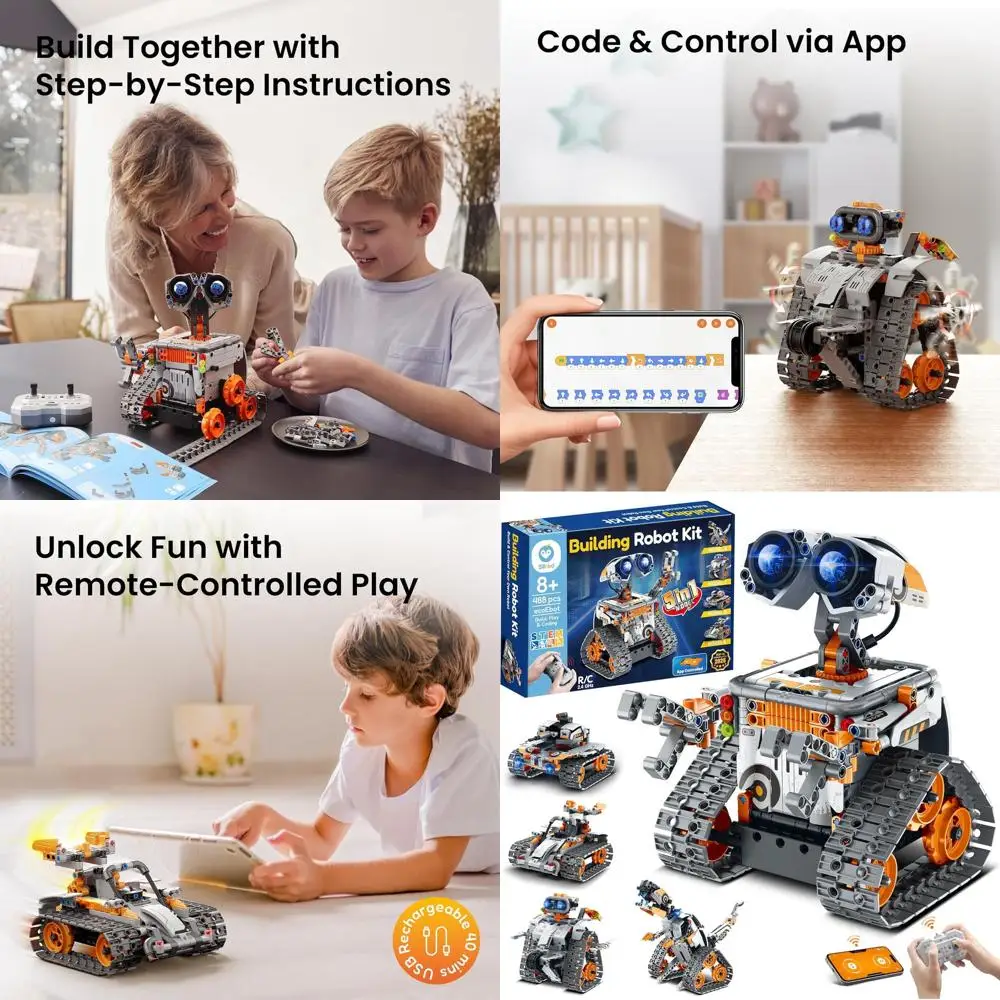 Kit robot STEM 5 in 1 per bambini 8-12, set di codifica e costruzione telecomandati con 488 pezzi - arancione