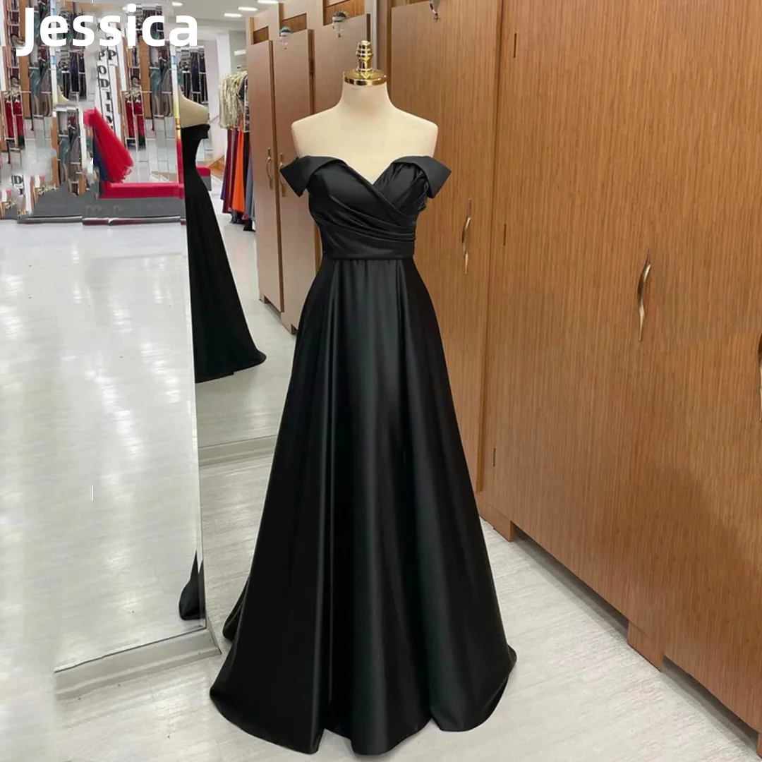 

Jessica Black Prom Dressess Off The Shoulder Luxury Satin Dress Vestidos De Fiesta Custom Dress Formal Occasions Party Dresses