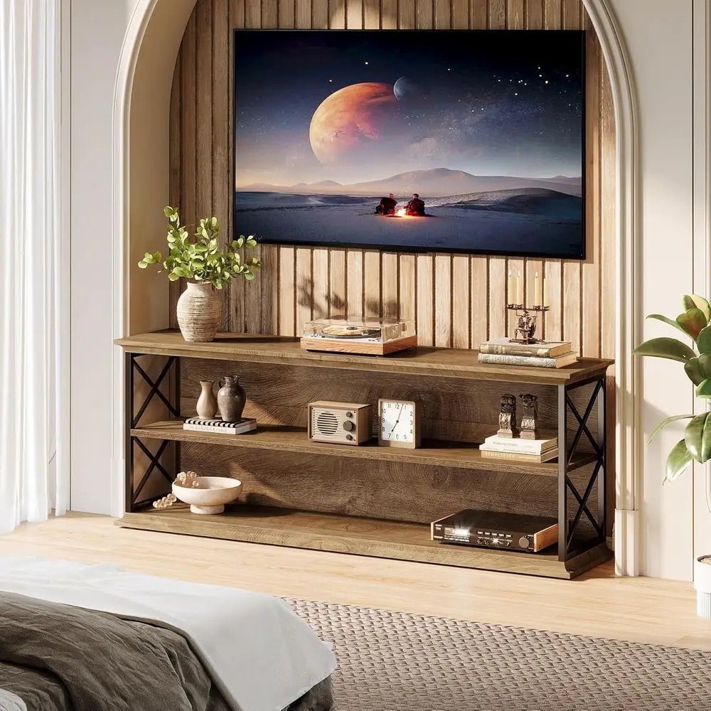 

Деревянная тумба под телевизор в деревенском стиле, 63 дюйма, для телевизоров до 75 дюймов, с открытыми полками для гостиной или спальни