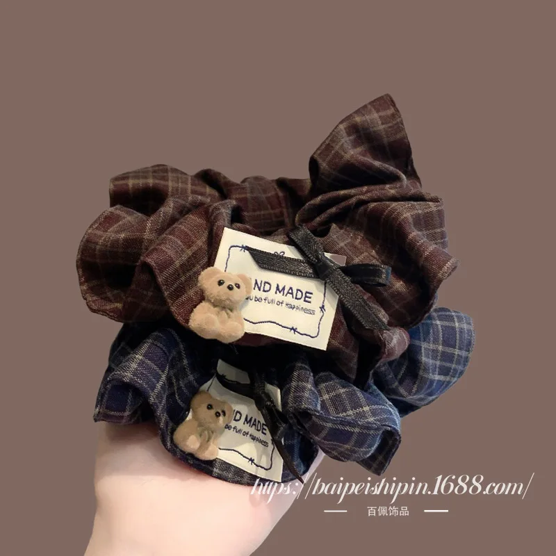 

1pc Korean Vintage Plaid Teddy Bear Bow Scrunchie Soft High Elasticity Ponytail Holder for Girls Daily Hair Accessory