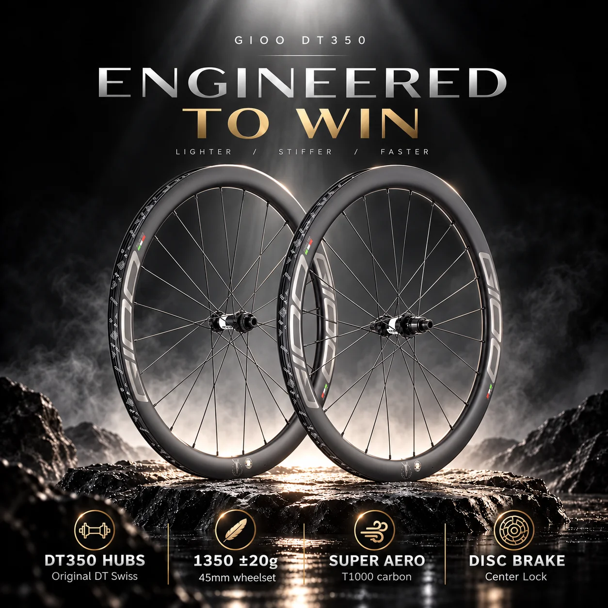 GIOO Carbon Road Wheelset 700C T1000 45/58/65/80mm DT Swiss 180 Hubs Ratchet EXP TPI Ceramic Bearings Center Lock Tubeless