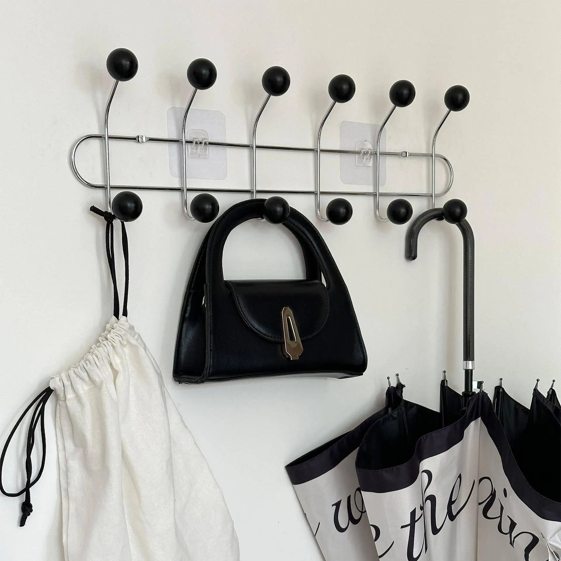 Modern Minimalist Iron Art Chrome Plated Wooden Decorative Ball No Trace Hook for Bedroom Clothes Hat Storage Organizer