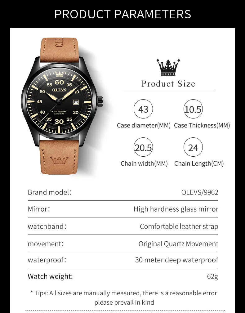 OLEVS Watch For Men Luxury Brand Military Leather Big Digital Dial Waterproof Frosted Leather Wristwatch Relogio Masculino 9962