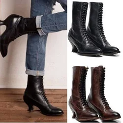 British Style Punk Noble Women Medieval Gothic Retro Knight Boot PU Leather Ankle Mid-calf Boots Lady Cosplay High Heel Shoes