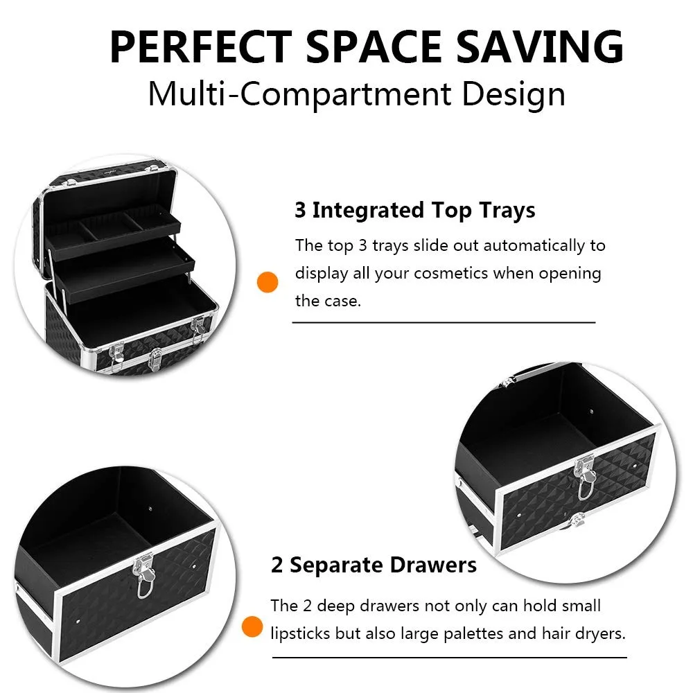 Aluminum Rolling Makeup Train Case, Portable Makeup Organizer Suitcase, Cosmetic Storage Box