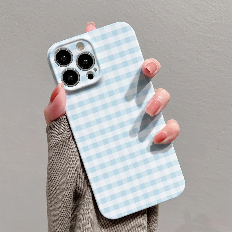 Phone Case For iPhone 17 16 15 14 13 12 11 Pro Max Air 16e 7 8 Plus XS Max X XR Blue Grid Pattern Hard PC Bumper Cover - view 4