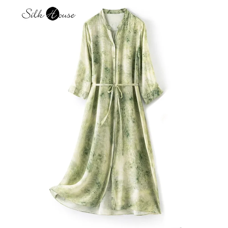 

100% Natural Mulberry Silk Crepe De Chine V-neck Elegance Willow Leaf Print Mid Length Women's Fashion Summer Party Dress