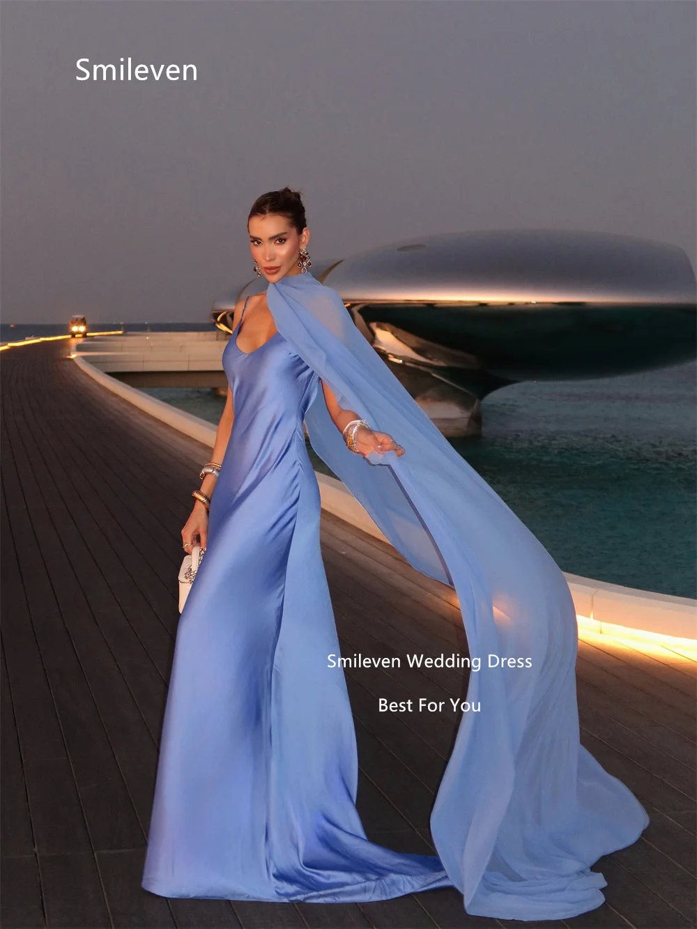 Smileven Sky Blue Mermaid Prom Dresses V‑Neck Backless Spaghetti Strap Cape Evening Dress Court Train Gowns Customized