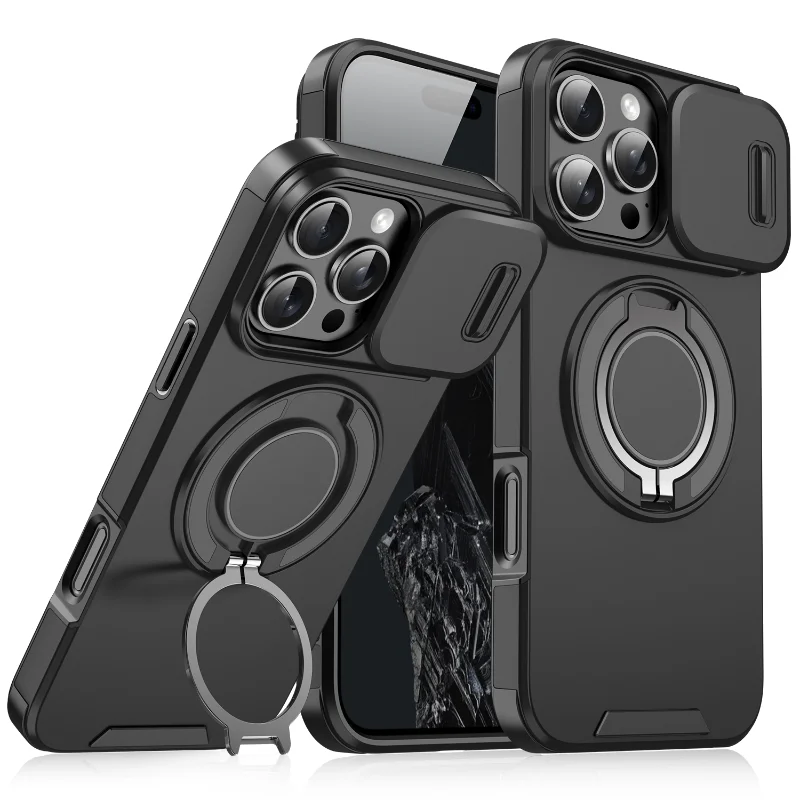 

Luxury Heavy Duty Rugged Armor Magnetic Bracket Case For iPhone 16 15 14 13 12 11 Pro Max Plus Slide Camera Protection PC Cover