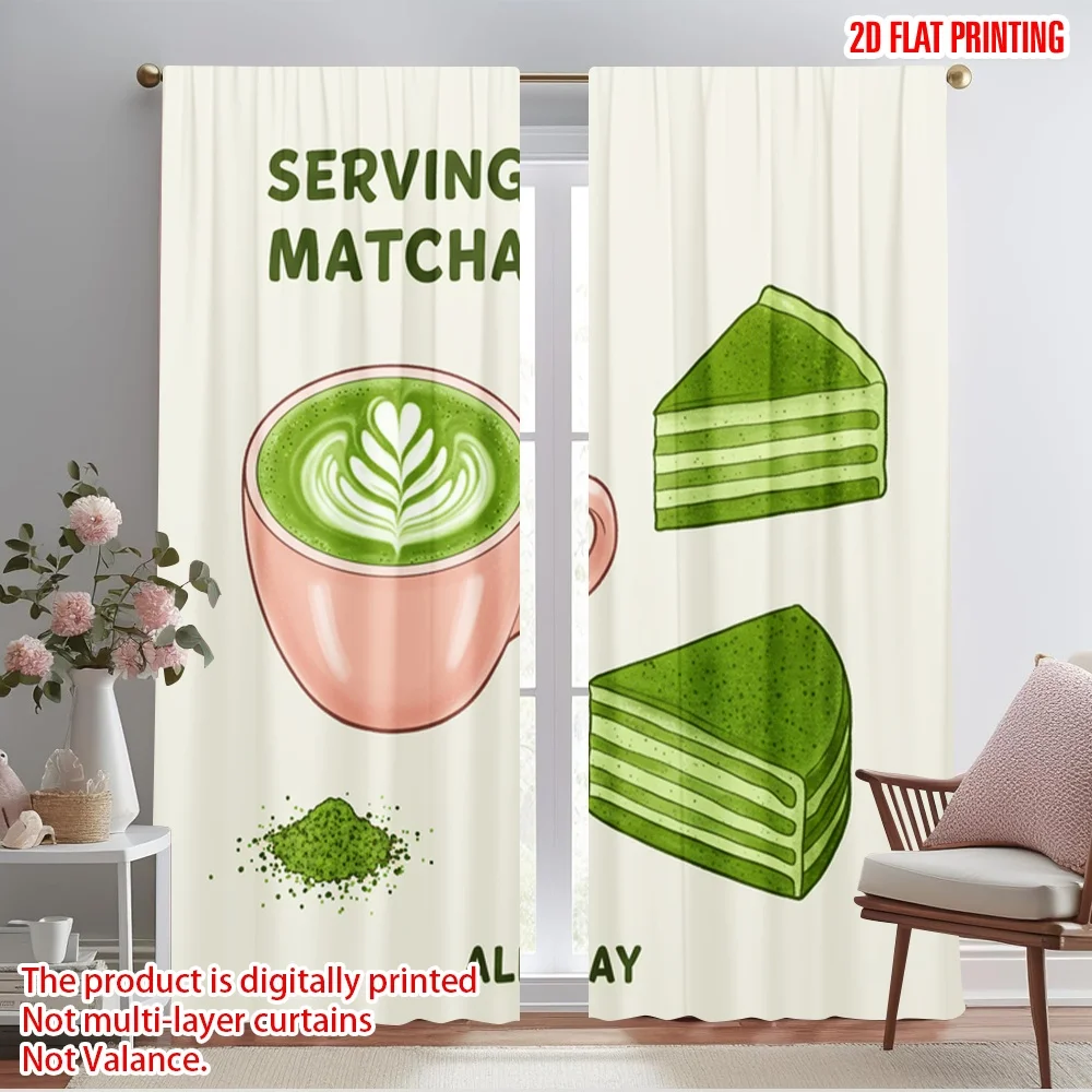

2pcs 2D flat printing Party Curtain Serving Matcha Cake Polyester Without Electricity Festive Curtains for Home & Party