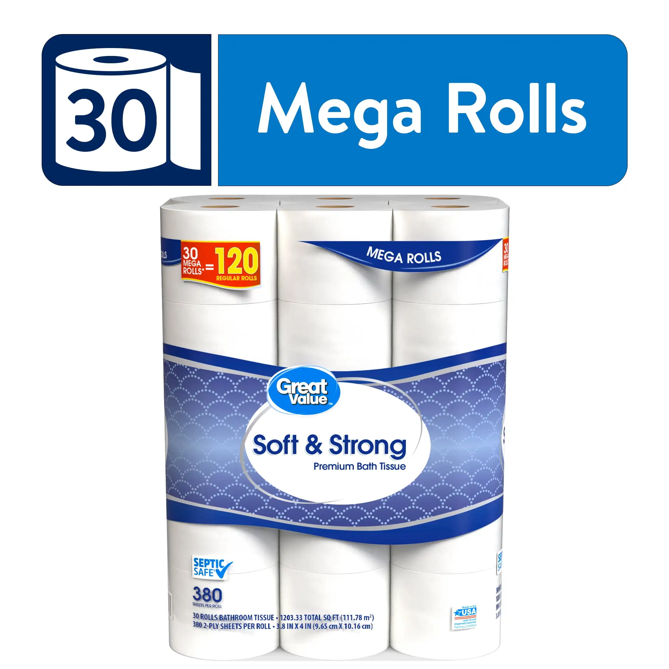 

Soft & Strong Premium Toilet Paper, 30 Mega Rolls, 380 Sheets per Roll Soft, strong toilet paper is super absorbent