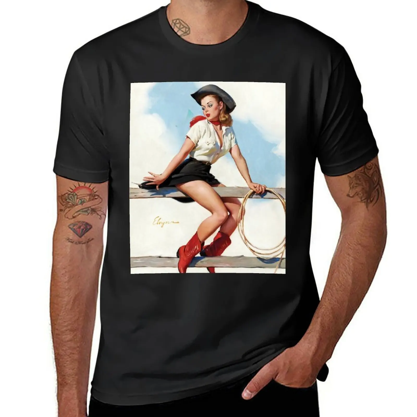 New Cowgirl on Fence Vintage Pin Up T-Shirt summer clothes summer top Aesthetic clothing men graphic t shirts