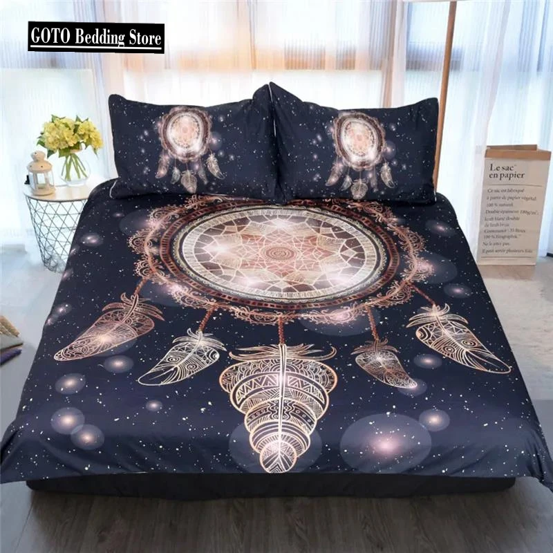 Dropship Beautiful Family Duvet Cover Set Black Bedding Set Dreamcatcher Galaxy Boho Beddings Home Bed Sets 3pcs Feathered Moon