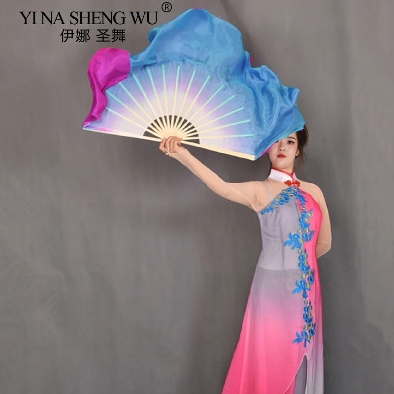 Double Sided Women Belly Dance Silk Veil Pairs Adults Real Silk Fan Veil Bamboo Long Fan Hand Dye Blue Pink Flowy Dancer Props