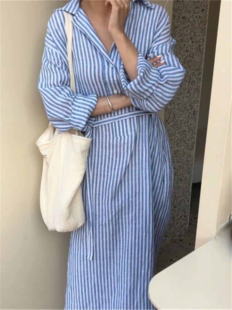 Colorfaith DR2268 New 2023 Striped Lace Up Cotton and Linen Shirt Dress Spring Summer Women Korean Fashion Chic Long Dresses