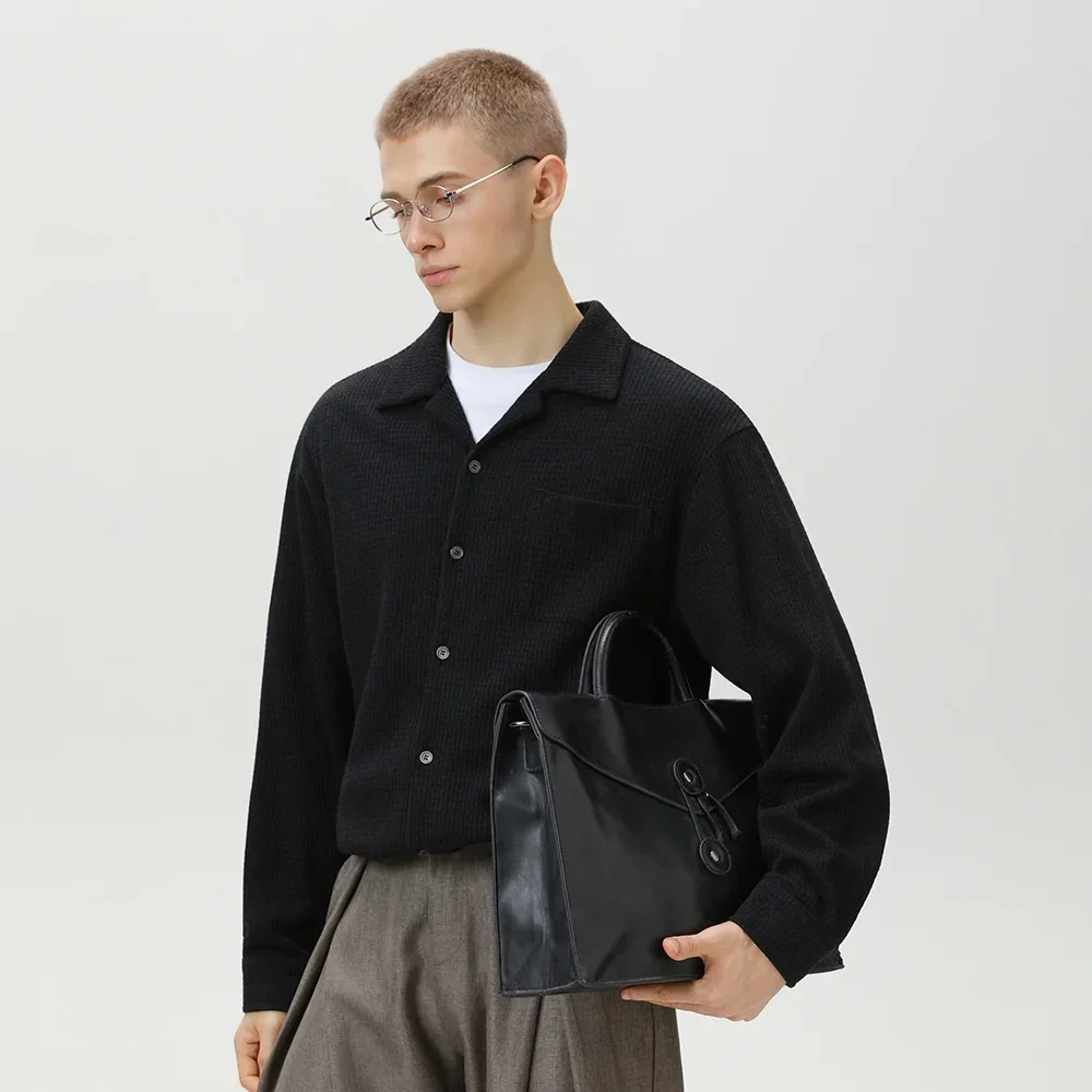 TFETTERS 2025 الخريف الشتاء خمر الكوبية طوق قميص الرجال أنيقة الملمس طويلة الأكمام فضفاضة تناسب قميص رجل مصمم الملابس #1