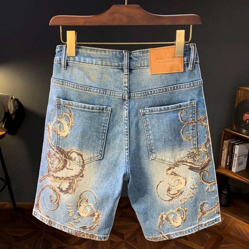Men's 2026 Summer New Fashion Patterned Denim Pants Loose Stretch Straight Streetwear Versatile Casual Daily 5 Inch Shorts