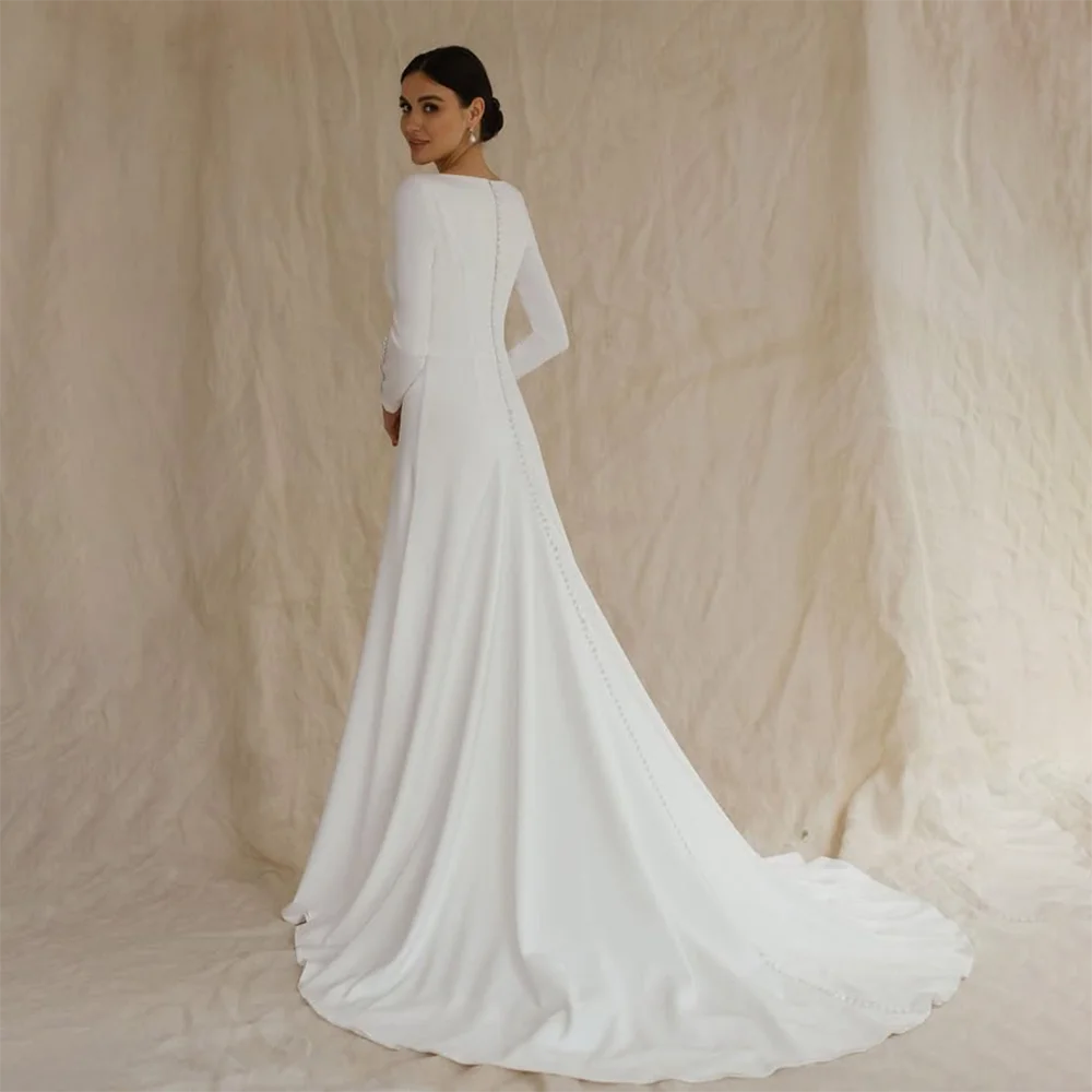 Elegant Wedding Dress Boat Neck Long Sleeve Button Back A-Line Floor Length Long Train Minimalist Elegant Bridal Gown Customized