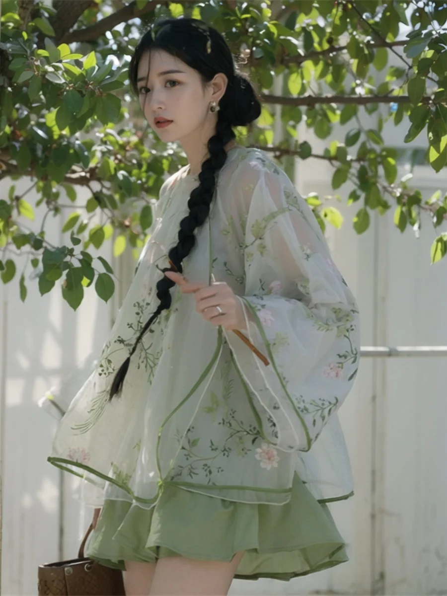 

New Chinese Style Heavy Embroidery Mesh Long Sleeve Shirt A-Line Short Skirt Loose Traditional Two-Piece Set Summer Fashion W...