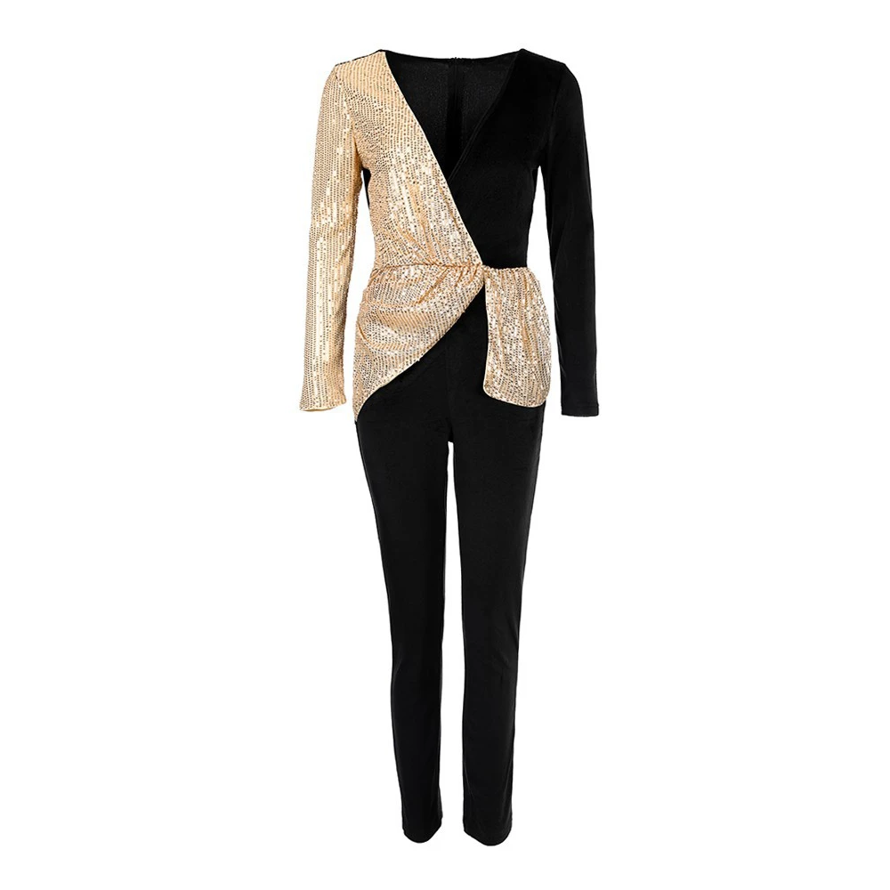 

2024 Spring Commute High Waist iny Sequin Monocomatic Two-Tone Jumpsuit Faionable Ele Traveling One-Piece Suit