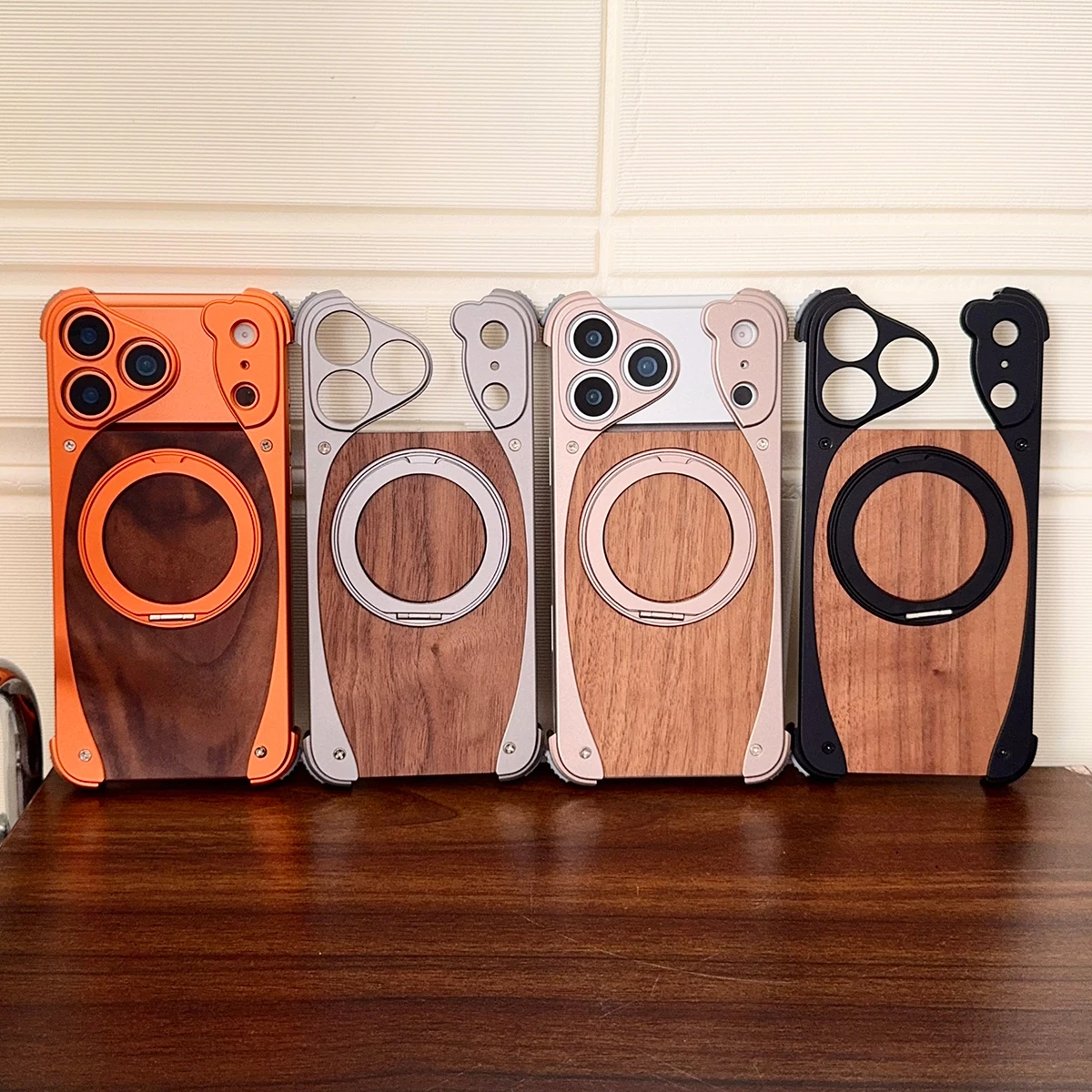 Aluminum Magnetic Wooden Case for iPhone 18 17 Pro Max 18 17 Pro Cover Walnut Real Wood Mag-safe Free Rotation Stand Shell