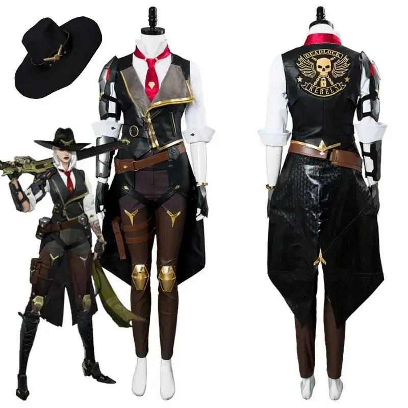 OW Ashe Cosplay Fantasia Costume Elizabeth Caledonia Cosplay Ashe Jacket Pants Hat Outfit For Adult Women Halloween Costumes