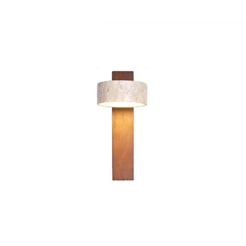 Wabi Sabi-stijl natuurlijke gele travertijn stenen wandlamp draaibaar met trekkettingschakelaar LED walnoothout decorlicht voor slaapkamer - afbeelding 2