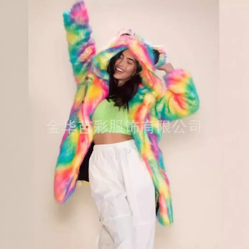 เสื้อโค้ทขนเฟอร์เทียมสีสันสดใสสำหรับผู้หญิง ฤดูใบไม้ร่วงและฤดูหนาว แบบหนา อุ่น สไตล์ยาวปานกลาง มีฮู้ด ขนเฟอร์เทียมแบบขนจิ้งจอก