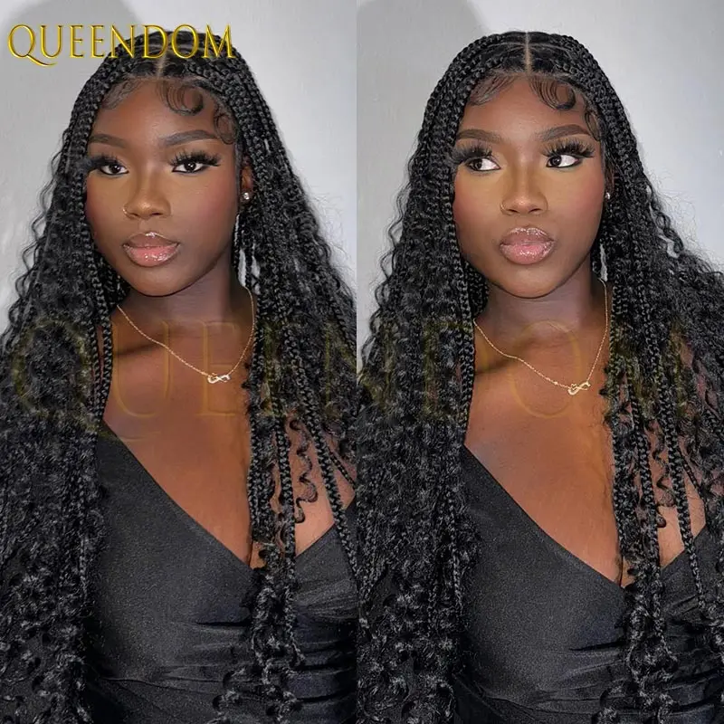 

36-дюймовые синтетические длинные богемные плетеные парики в стиле бохо, косички для чернокожих женщин, полные кружевные косички, искусственный парик, плетение парика