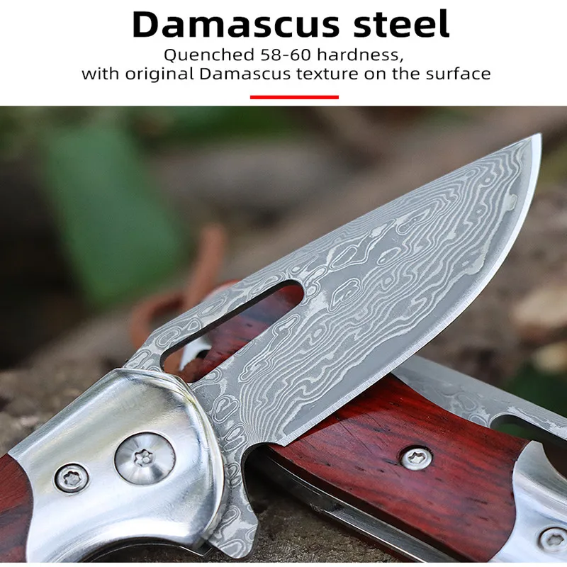 Free Wolf DM16 Damascus Folding Knife Wood Handle Flipper Ball Bearing Utility Outdoor Camping Hunting Fishing EDC Pocket Knife