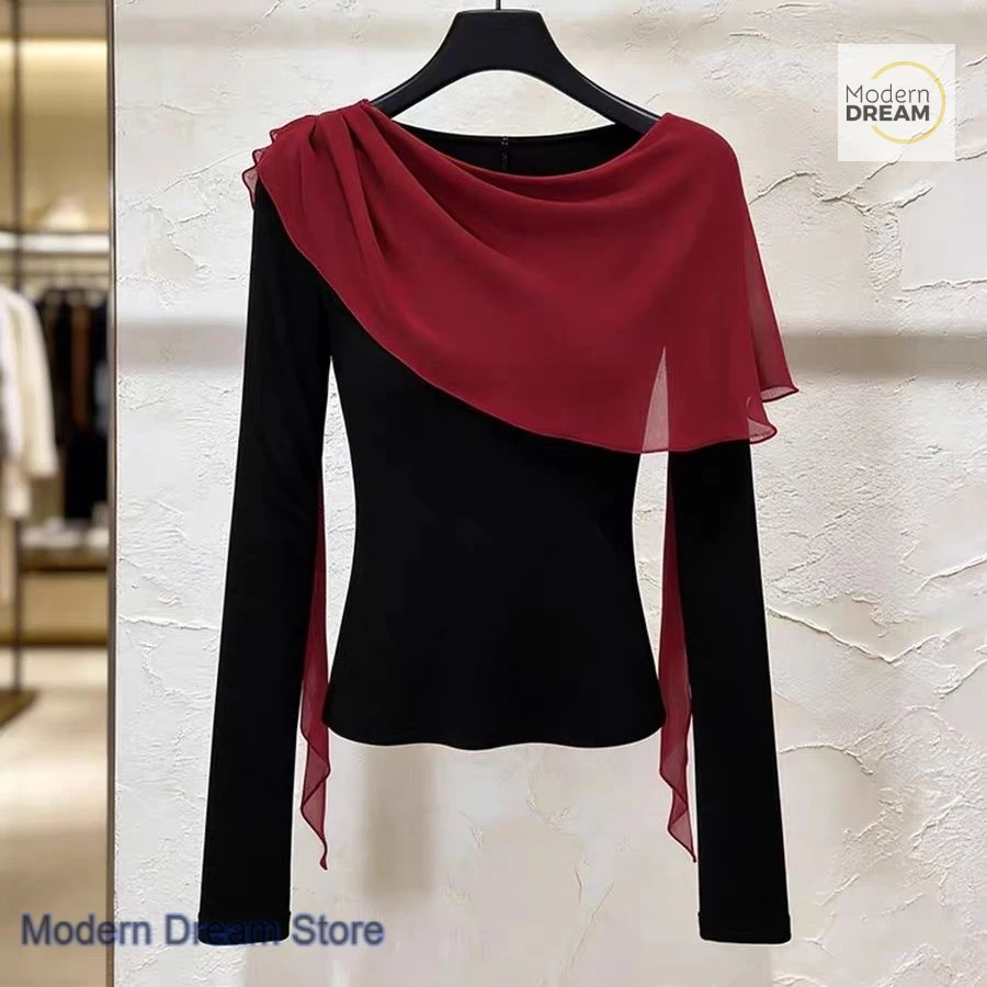 

French luxury niche contrast shirt women's spring and summer new fashion design beautiful bottoming red mesh stitching top