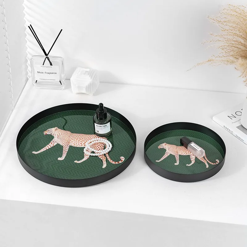 Luxury Iron Leopard Tray, Round Entryway Jewelry Organizer for Vanity Table - Cosmetics Storage with Premium Decorative Design