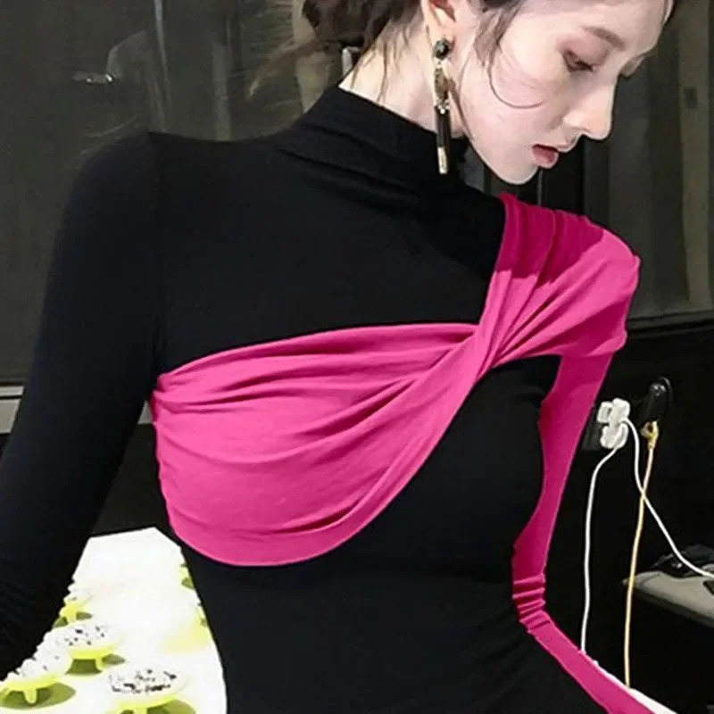 

Spring Autumn Winter Good-looking T-shirt Blouse Women Design Sense High Neck T-shirt Top High-end Contrasting Color Base Shirt
