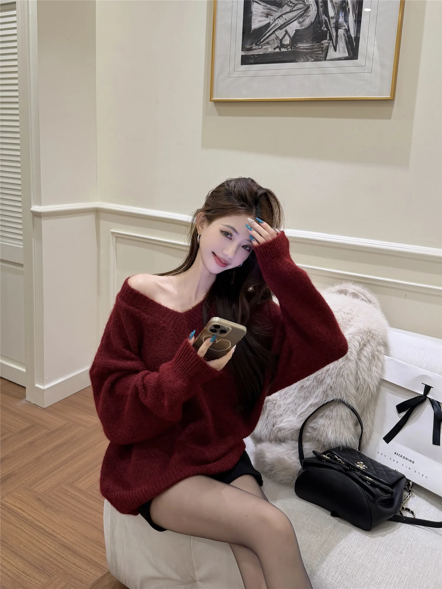 Maglione lungo Sve retrò rosso V-Ne da donna invernale morbido e accogliente lavorato a maglia casual versatile pigro abbinato tutto top comodo pullover