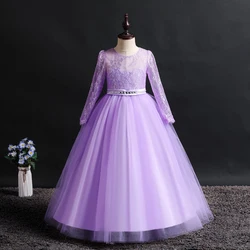 Dress Girl 6 Colors 120cm-170cm Children Long Sleeve Lace Skirt Wedding Party Trailing Vestidos Performance Dresses