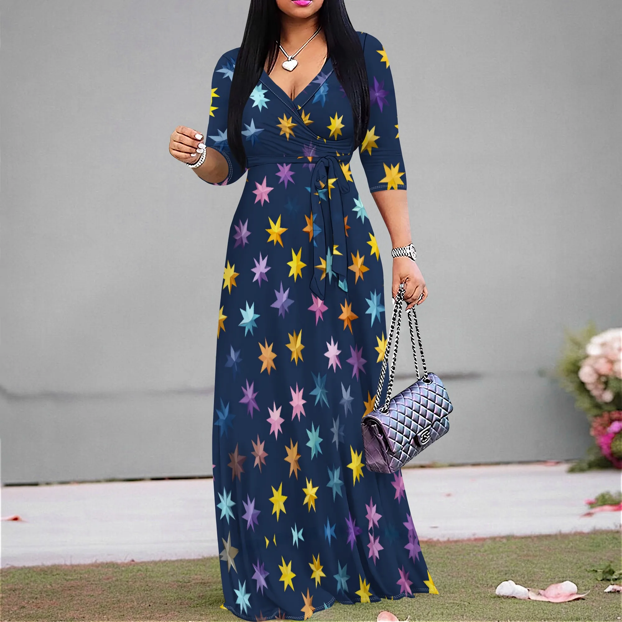 

Women's Boho Star Print Maxi Dress V-Neck Summer Casual Gown with Tie Waist Beach Vacation Outfit