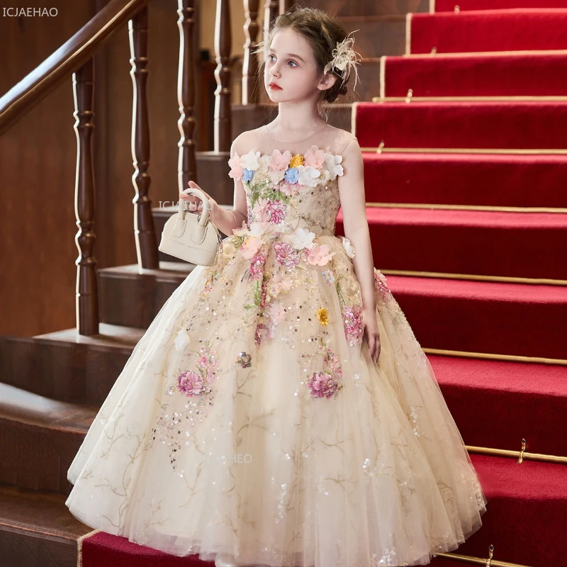 

French Style Girls Party Dress with Flowers for Little Host Piano Recital Flower Girl Wedding Children Pageant Gown Dresses