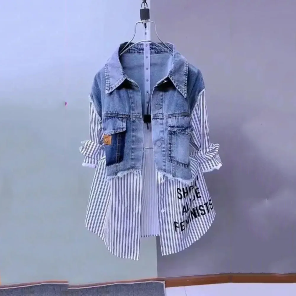 Striped Denim Jacket Women\'s Spring And Autumn 2024 New Stitching Design Sense Niche Shirt Fashion Loose Casual Blouse Women.